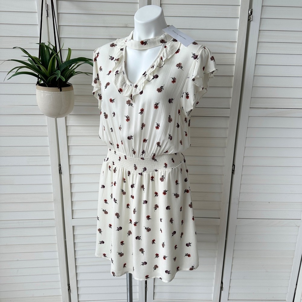 New Stevie Hender Floral Print Ruffle Keyhole Blouson Smocked Waist Dress Size L